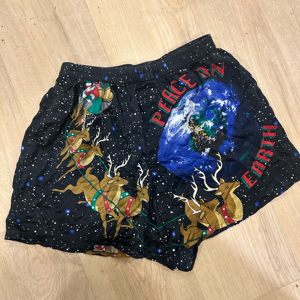 Vintage 100% Silk Peace on Earth Reindeer Christmas Shorts